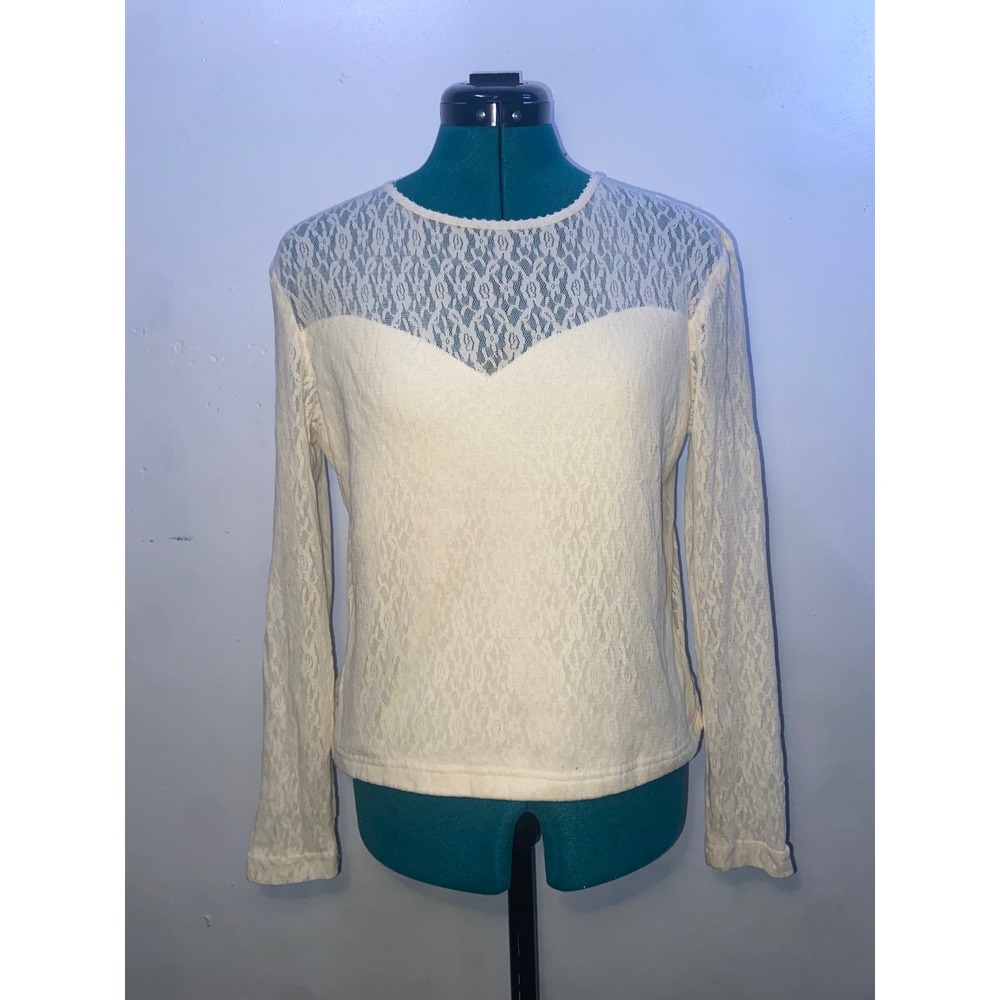 Vintage 80s Bonjour Ivory Lace Long Sleeve Top Coquette Sweetheart Illusion Neck